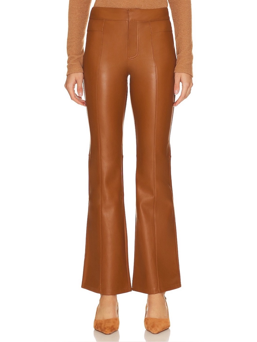 Free People We The Free Uptown High Rise Faux Leather Flare Pant in Brown Tan